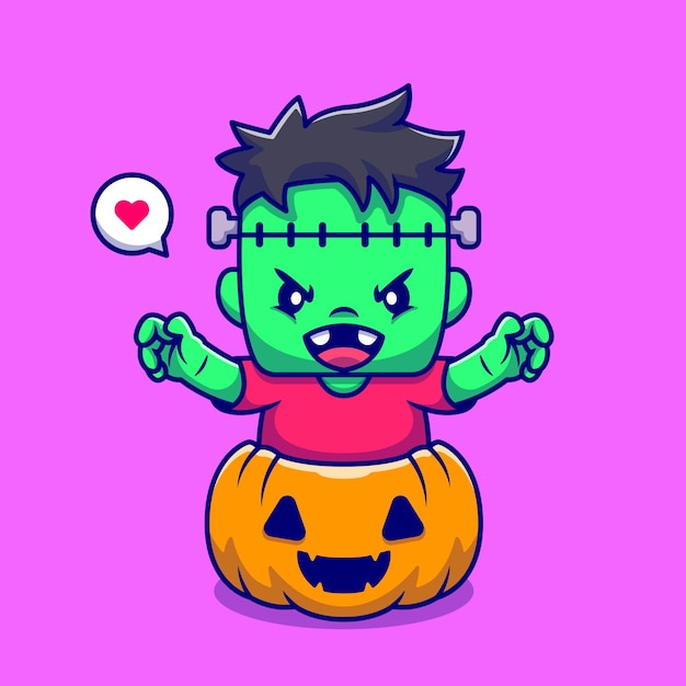 Lindo Frankenstein con calabaza Halloween Cartoon Icon Illustration.