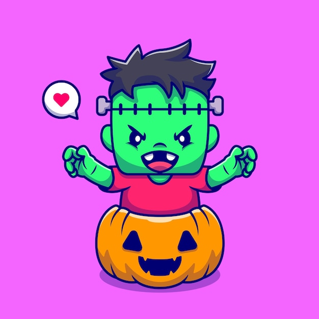 Lindo frankenstein con calabaza halloween cartoon icon illustration.