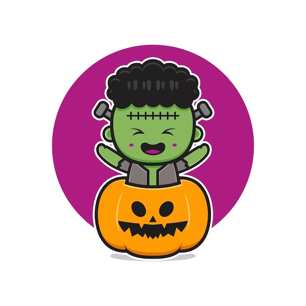 Lindo frankenstein con calabaza halloween icono de dibujos animados ilustración. Diseño de estilo de dibujos animados plano aislado