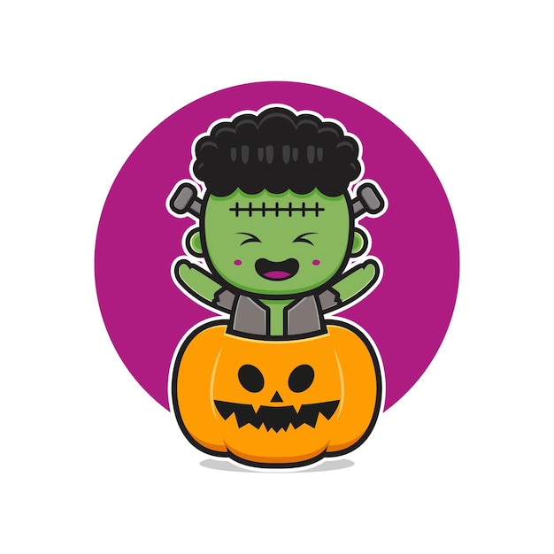 Lindo frankenstein con calabaza halloween icono de dibujos animados ilustración. diseño de estilo de dibujos animados plano aislado