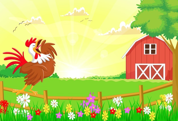 Vector lindo gallo cantando en la cerca de la granja