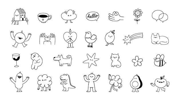 Lindo garabateo boceto abstracto pequeño tatuaje ilustración de línea de niño simple dibujado a mano caracteres decorativos negros divertidos para marcas impresiones pegatinas conjunto vectorial
