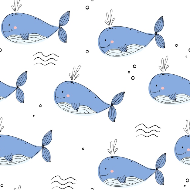 Lindo garabato bebé ballena texto blanco de patrones sin fisuras minimalista dibujado a mano verano textura mar