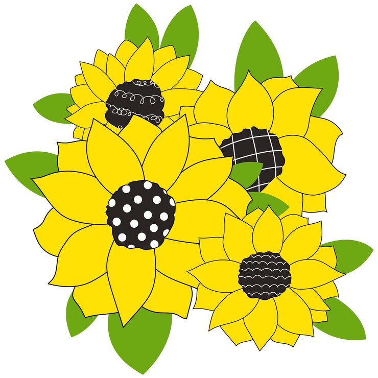 Vector lindo garabato girasoles línea aislada conjunto pegatina de ilustraciones vectoriales dibujadas a mano