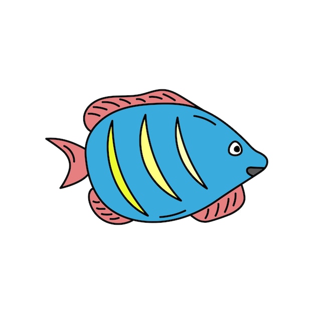 Lindo garabato peces exóticos divertidos peces coloridos aislados ilustración vectorial de contorno de dibujos animados animal marino vida marina salvaje en estilo dibujado a mano
