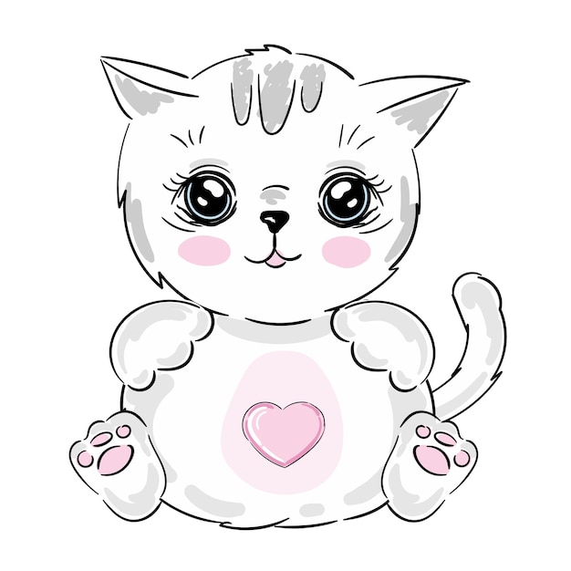 Lindo gatito blanco de dibujos animados sobre un fondo blanco