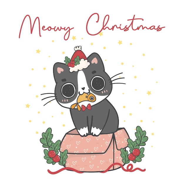 Lindo gatito blanco gato con regalo de navidad pez de pie en caja de regalo rosa meowy navidad adorable alegre caricatura animal mano dibujo vector