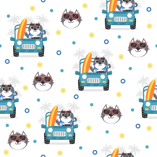 Lindo gatito con conceptos de fondo de patrón de moda de dibujos animados de coche.
