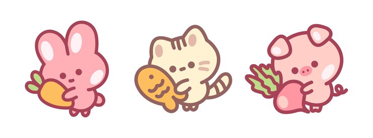 El lindo gatito conejo y el cerdo Colección aislada de vectores ordenados de dibujos animados estilo Kawaii