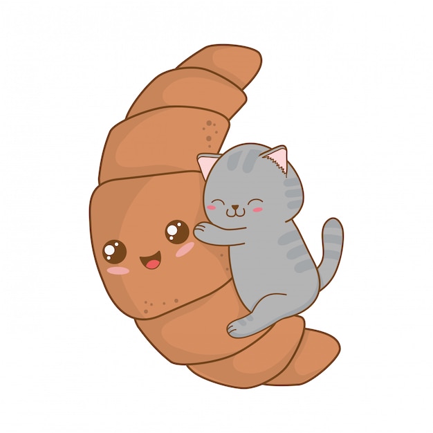 Lindo gatito con el croissant kawaii