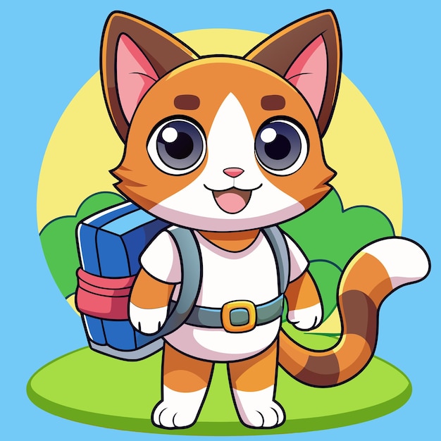 Lindo gatito escolar tricolor de dibujos animados con libros de texto y mochila Imagen producida sin el uso de ningún tipo de software de IA en ninguna etapa