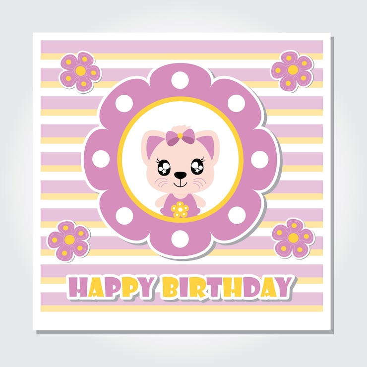 Vector lindo gatito con flores de color púrpura vector ilustración de dibujos animados para la tarjeta de invitación de cumpleaños