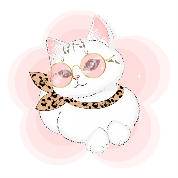 Vector lindo gatito en gafas y estampado de leopardo banda para el cuello moda vector ilustración textil impresión