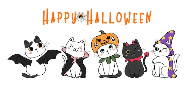 Lindo gatito gatos bruja sombrero fiesta cara divertida anhelar naranja calabaza feliz halloween dibujos animados vector plano