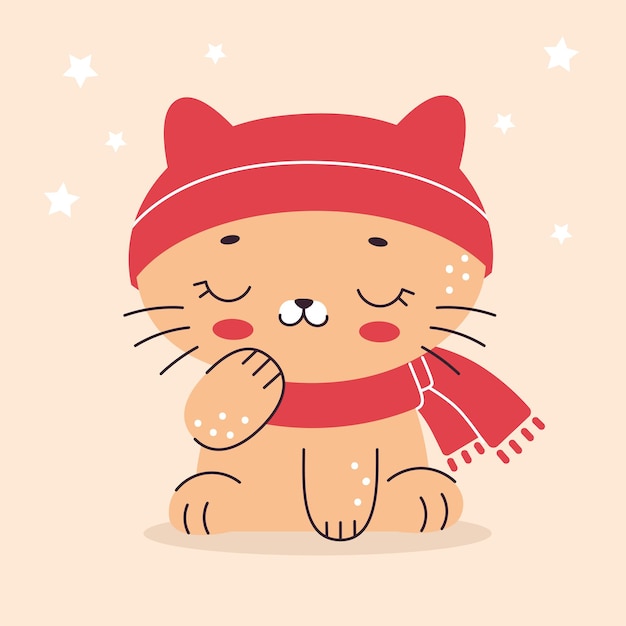 Lindo gatito con una gorra y una bufanda. Ilustración de estilo plano de dibujos animados. Mascota casera, gatito. Ilustración de vector para vivero, impresión en textiles, tarjetas, ropa.