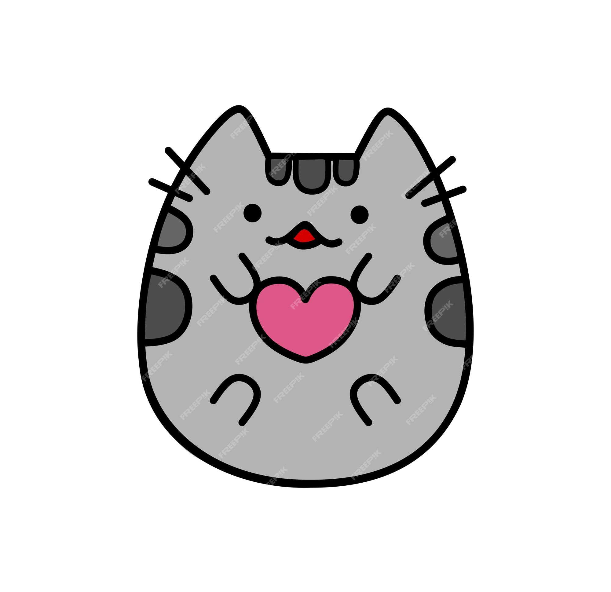 Lindo gatito gris con corazón rosa. dibujo de gato maullido de dibujos  animados de vector divertido. me encanta el icono de los gatos. animales  kawaii | Vector Premium