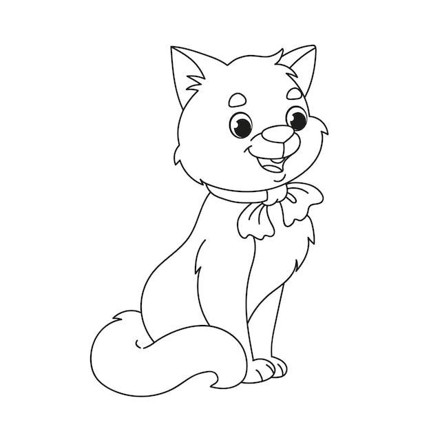 Un lindo gatito con un moño está sentado. Libro de colorear de dibujos animados para niños. Ilustración de vector de blanco y negro con un gato. Desarrollo de tareas para la diversión de los niños.