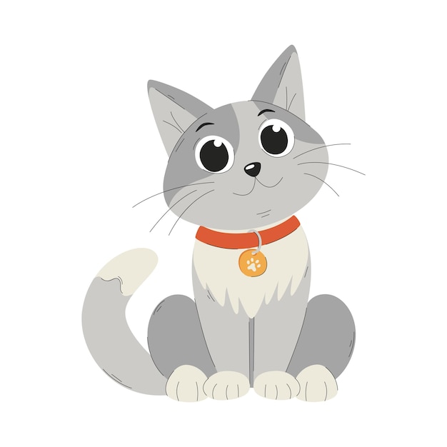 Vector un lindo gatito sonriente en un collar el gato está sentado con las patas plegadas una ilustración vectorial de dibujos animados plana aislada sobre un fondo blanco