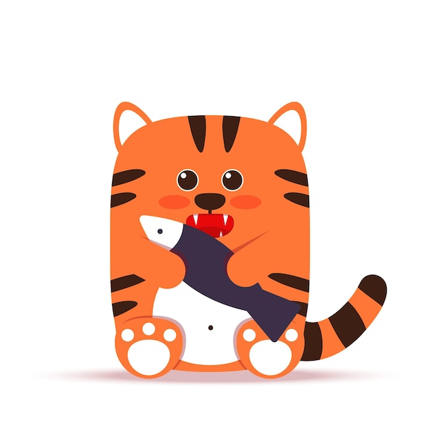 Lindo gatito tigre naranja en un estilo plano. el animal se sienta con un pez. el símbolo del año nuevo chino 2022. para banner, guardería, decoración. vector ilustración dibujada a mano.