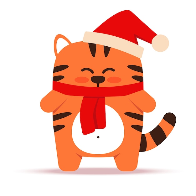 Lindo gatito tigre naranja en un estilo plano. El símbolo del Año Nuevo chino 2022. Animal con gorro y bufanda navideños. El tigre está de pie. Para banner, decoración infantil. Ilustración vectorial.
