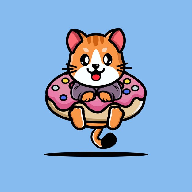 Lindo gato abrazo dibujos animados de donut grande