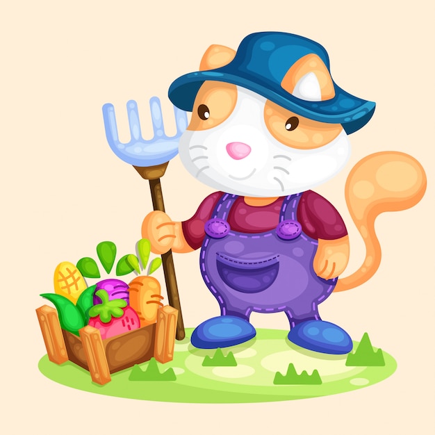 Lindo gato agricultor cosecha ilustración vegetal