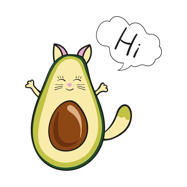 Lindo gato aguacate con una sonrisa hola icono aislado sobre fondo blanco estilo kawaii