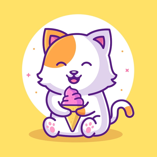 Lindo gato alegre comiendo helado Animal Pet Logo Vector icono ilustración en estilo plano