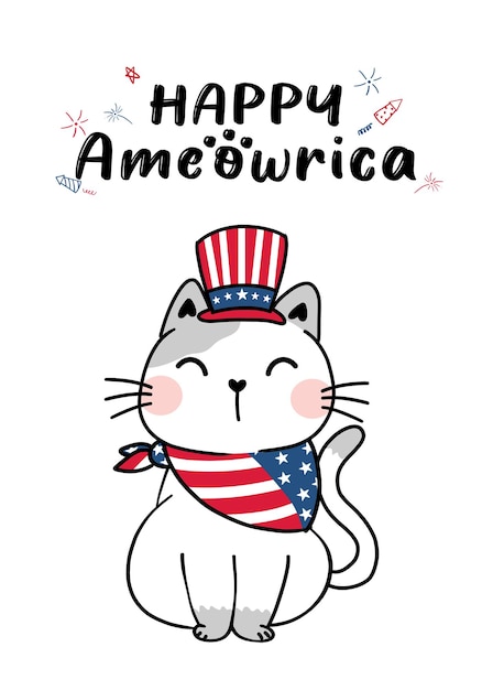 Lindo gato ameowrica 4 de julio día de la independencia con sombrero de tío sam y bandera de estados unidos, gatito de ilustración de vector plano de doodle de dibujos animados