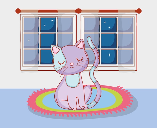 Lindo gato animal en la alfombra con ventana.