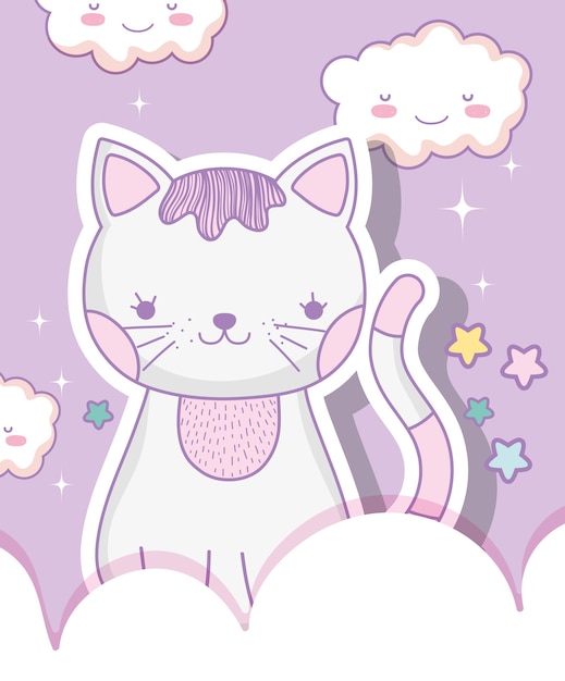 lindo gato animal con nubes kawaii