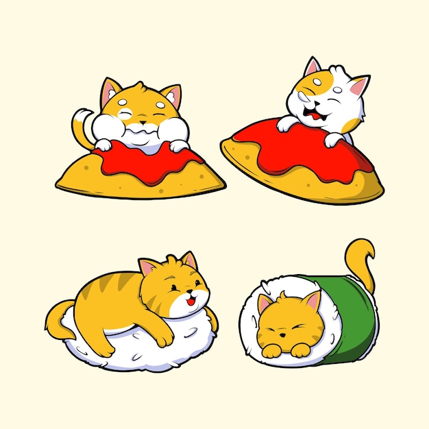 Lindo gato y arte vectorial de alimentos