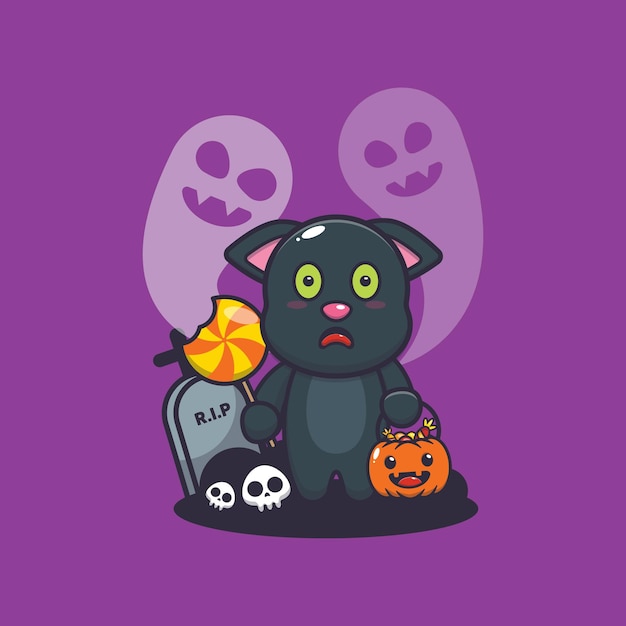 lindo gato asustado por un fantasma en el día de halloween linda ilustración de dibujos animados de halloween