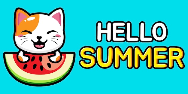 Lindo gato con banner de saludo de verano