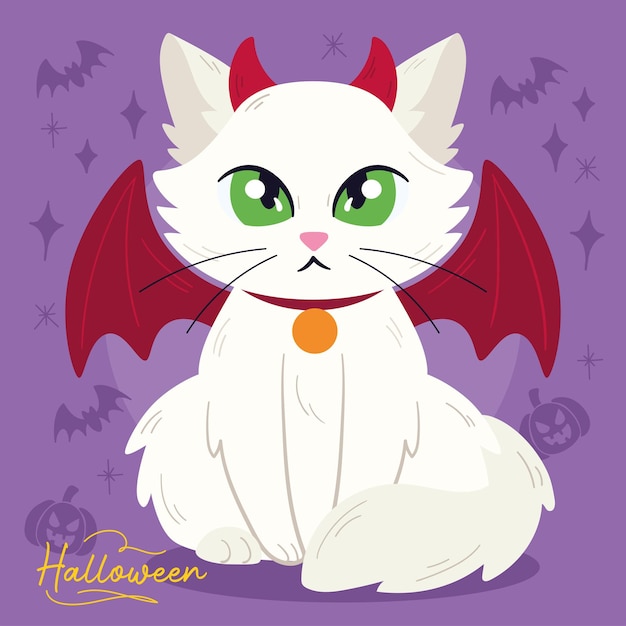 Lindo gato blanco aislado con un disfraz de demonio de Halloween Vector