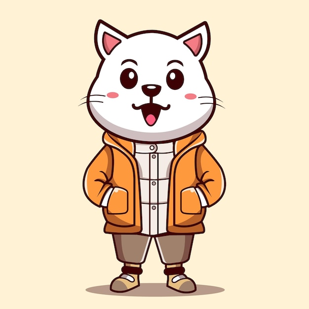 lindo gato blanco con chaqueta amarilla ilustración vectorial de dibujos animados