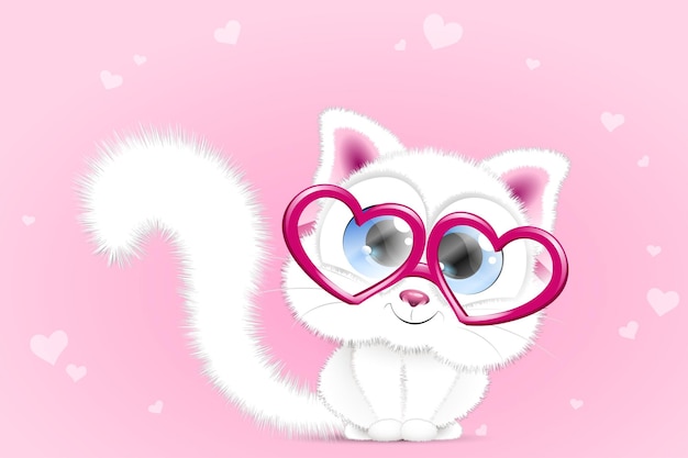 Vector lindo gato blanco de dibujos animados con anteojos en forma de corazón rosa.