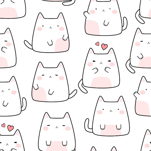 Lindo gato blanco gatito dibujos animados doodle de patrones sin fisuras