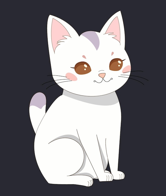 lindo gato blanco con manchas grises y grandes ojos marrones se sienta gato de dibujos animados icono aislado sobre fondo negro
