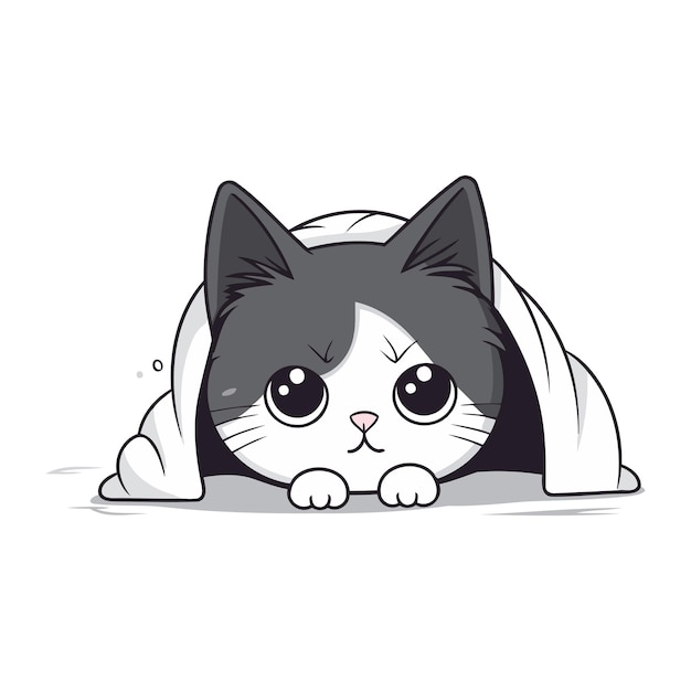 Vector un lindo gato blanco y negro escondido debajo de una manta ilustración vectorial