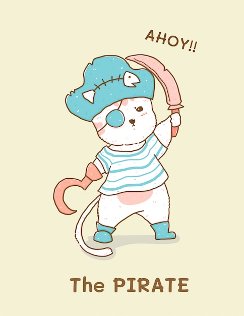 Lindo gato blanco en traje de pirata, ilustración infantil