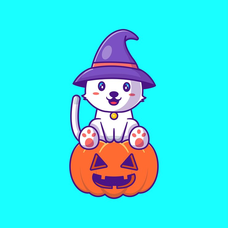 Vector lindo gato bruja en calabaza feliz halloween ilustraciones de dibujos animados