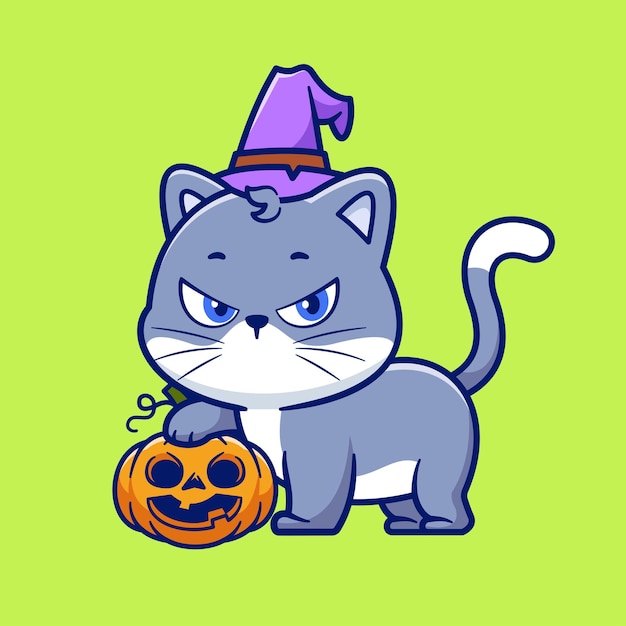 El lindo gato brujo con calabaza Halloween icono de dibujos animados vectorial Ilustración de animales vacaciones aislado plano