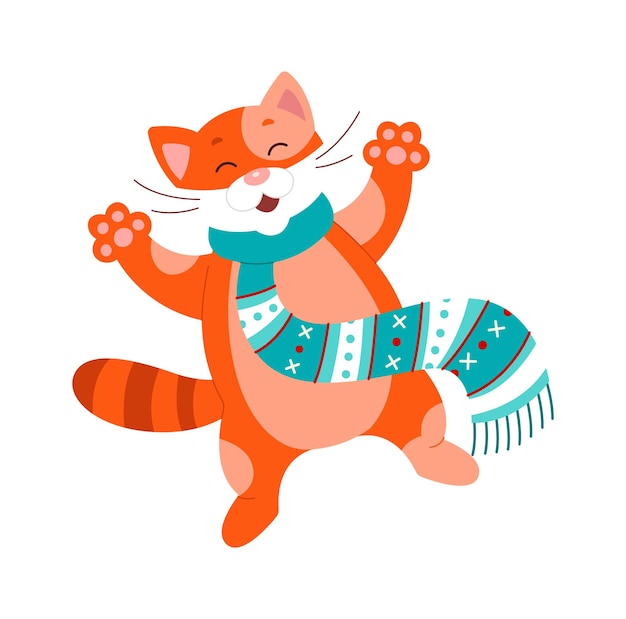 lindo, gato, en, bufanda, plano, icono, invierno, vacaciones
