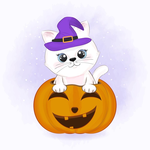 Lindo gato con calabaza y animal de dibujos animados dibujados ilustración de Halloween