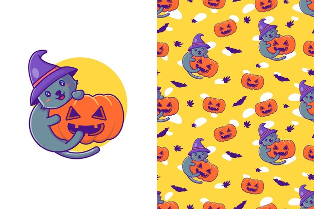 Lindo gato y calabaza feliz halloween con patrones sin fisuras
