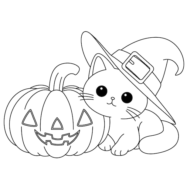 El lindo gato y una calabaza de Halloween para colorear