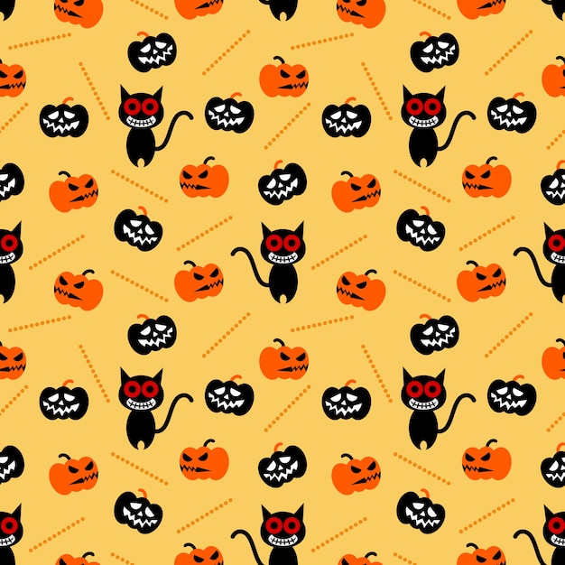 Lindo gato y calabaza de Halloween de patrones sin fisuras.