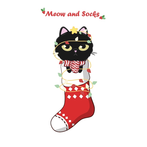 Lindo gato en calcetines de navidad. dibuja un gato de ilustración en christmas sock para el día de navidad y año nuevo.