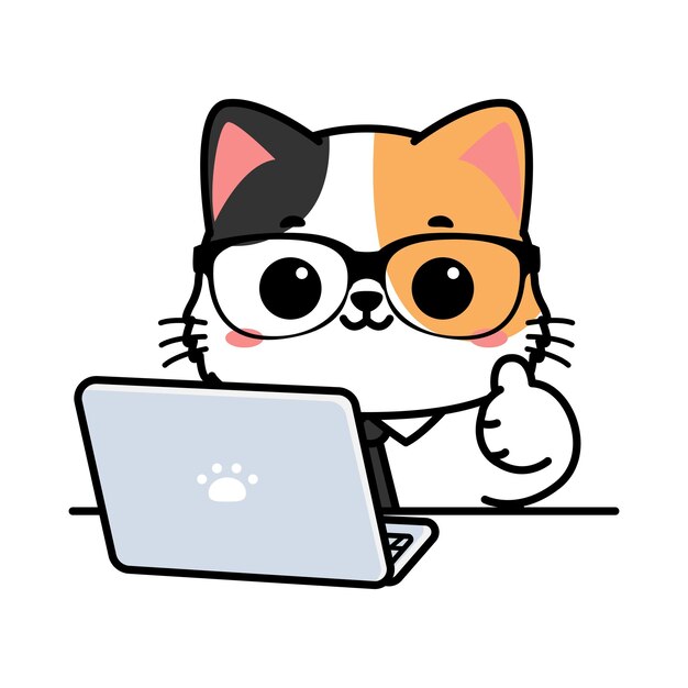 Un lindo gato calico con corbata y gafas trabajando en una computadora portátil y pulgares hacia arriba ilustración vectorial de dibujos animados